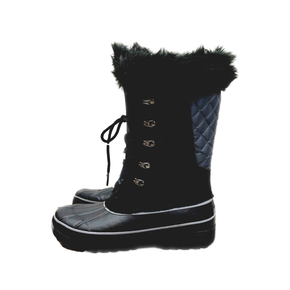 Black Leather Waterproof Womens Sz 9M Faux Fur Trim Lace Boots Khombu Nordic 2 - Picture 5 of 8